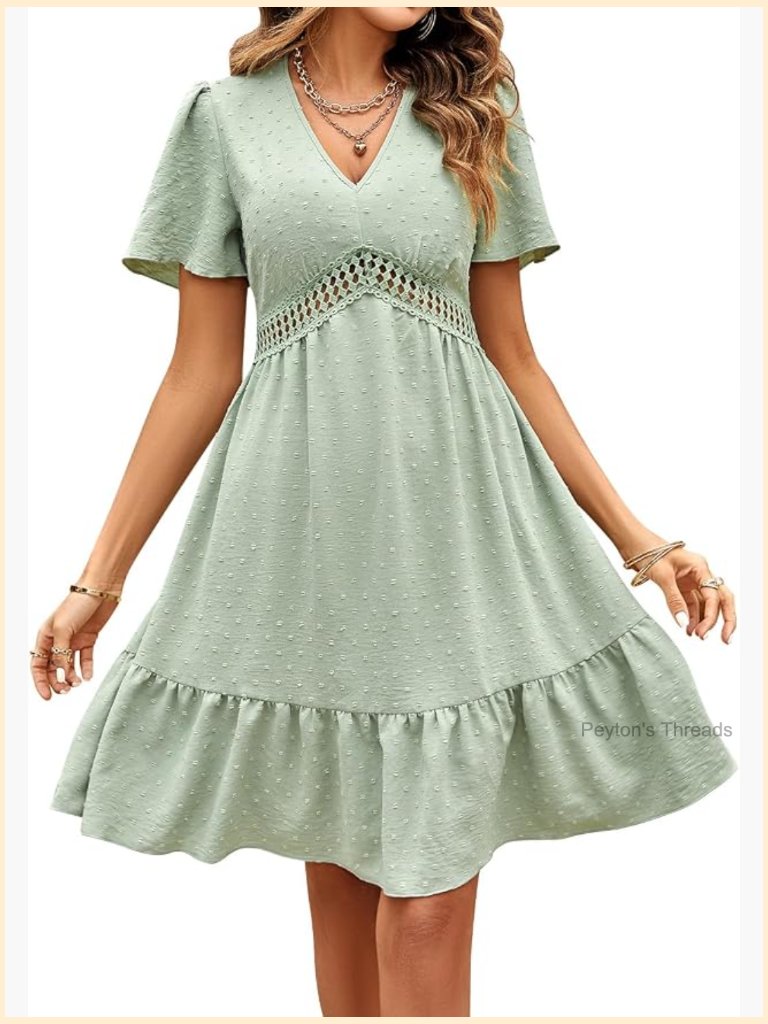Swiss Dot Ruffle Sleeve V-Neck A-Line Midi Dress